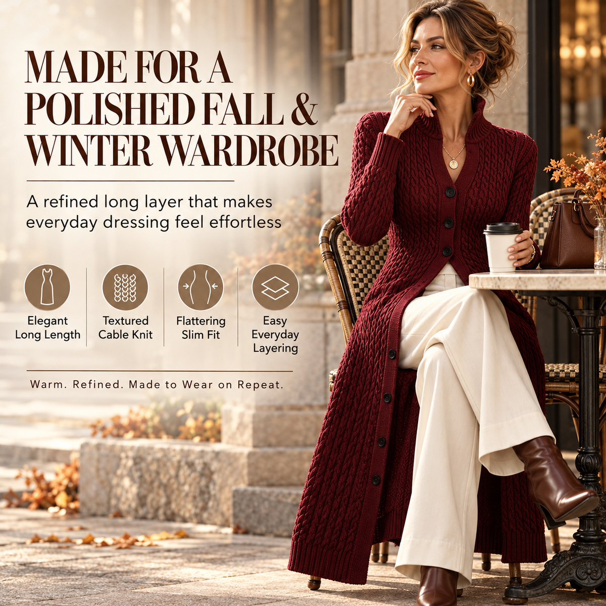 Women’s Long Cable Knit Cardigan, Elegant Full-Length Knitwear