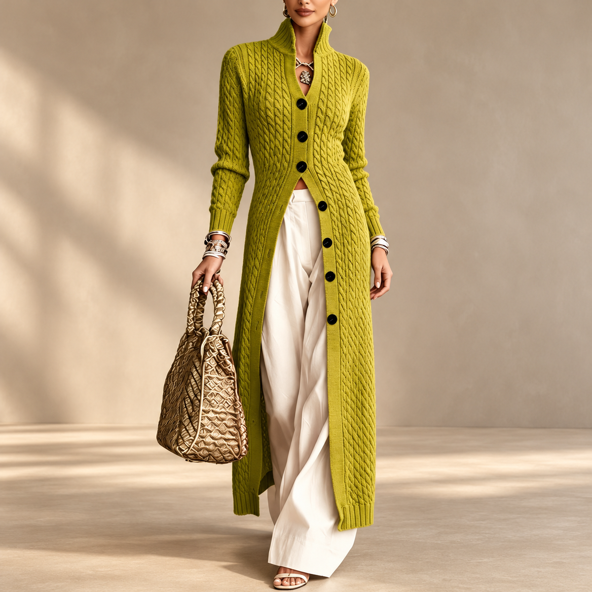 Women’s Long Cable Knit Cardigan, Elegant Full-Length Knitwear