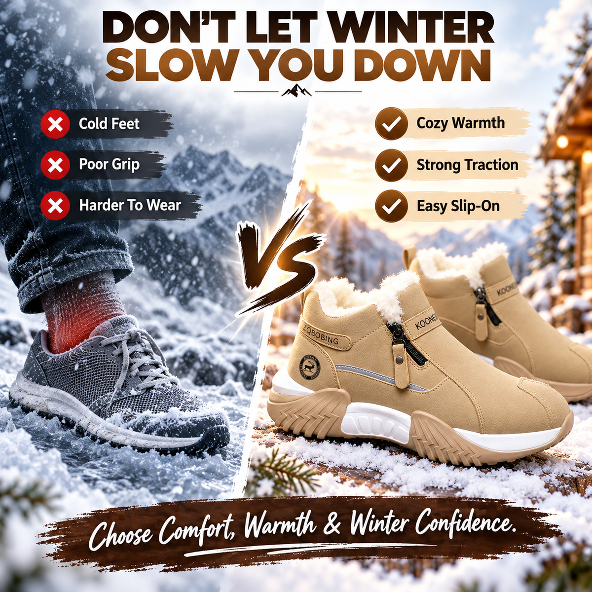 Warm Fleece Winter Snow Boots with Side Zip | Anti-Slip Outdoor Ankle Shoes