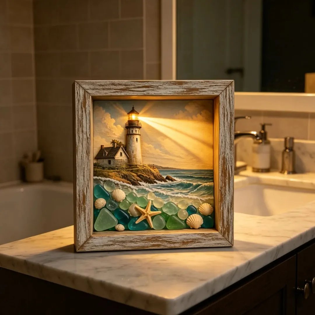Coastal Lighthouse Sea Glass Shadow Box Night Light