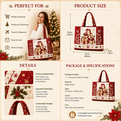 🎄 Quilted Christmas Shoulder Tote Bag – Festive Holiday Shopping Bag 🎁