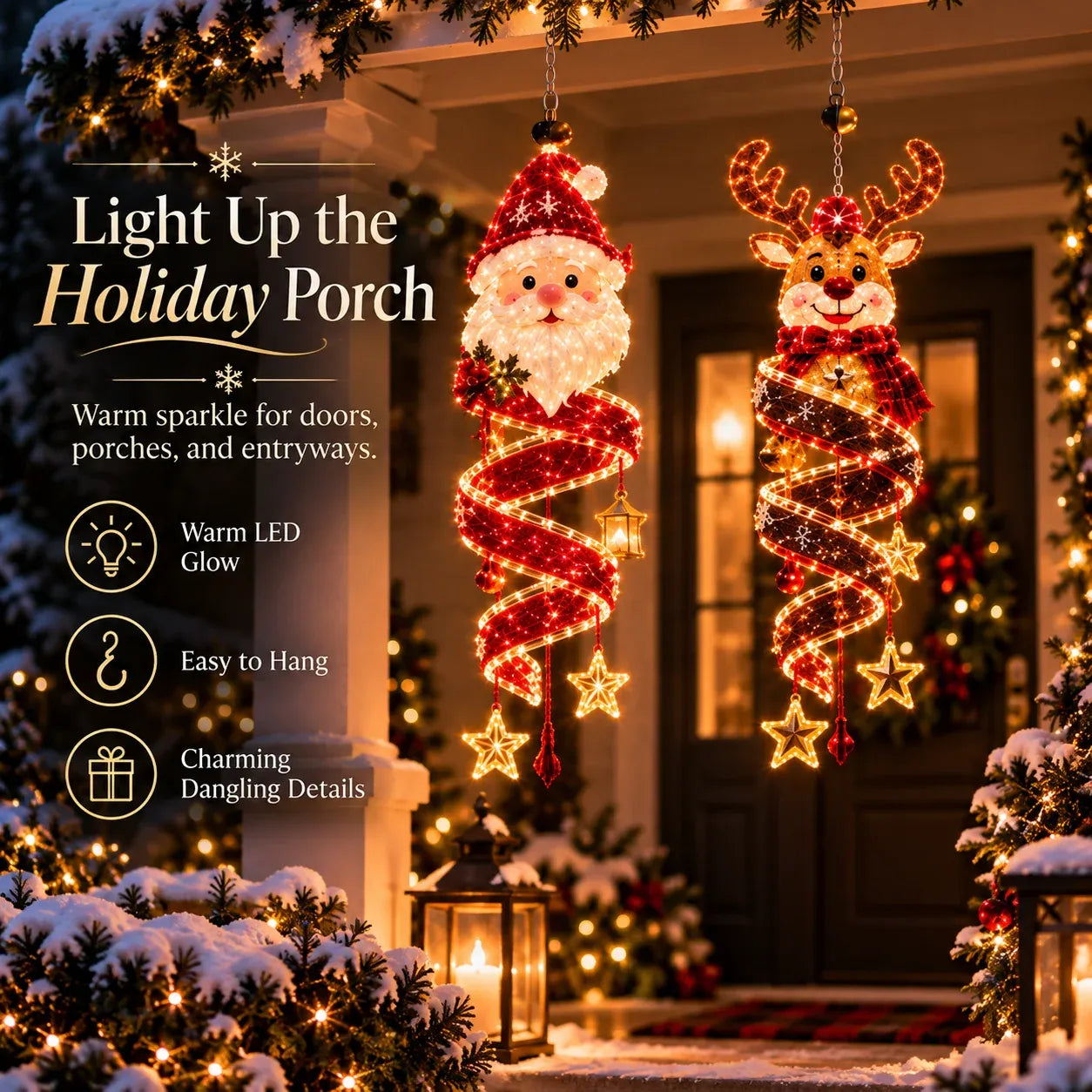 🎅Christmas Magic Spira Hanging LED Light Collection – 9 Festive Designs ✨ | Suspended Glowing Characters with Spiral Lights & Hanging Details for Porches, Windows, Entryways & Holiday Displays
