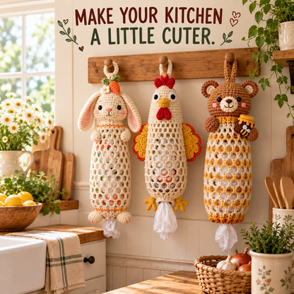 🔥 LAST DAY 49% OFF | 🧶🐾 Cottage Critter Keepers™ | Crochet Animal Bag Holder DIY Kit – 11 Designs