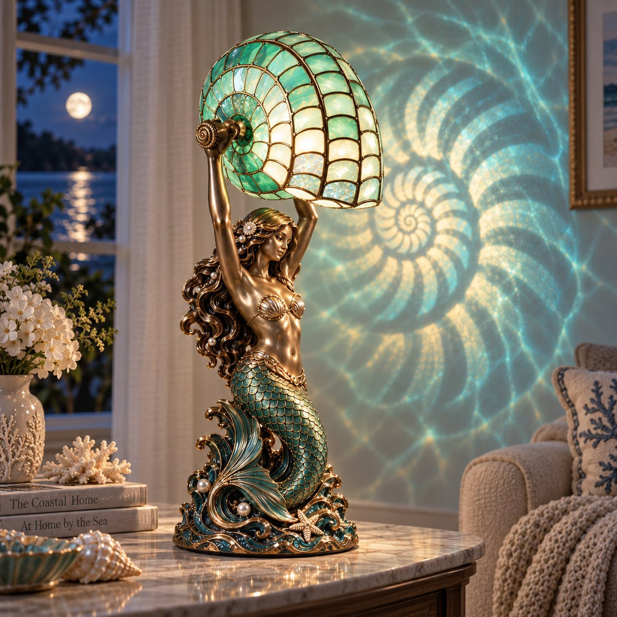 ✨🐚 Moon Tide Mermaid Nautilus Lamp