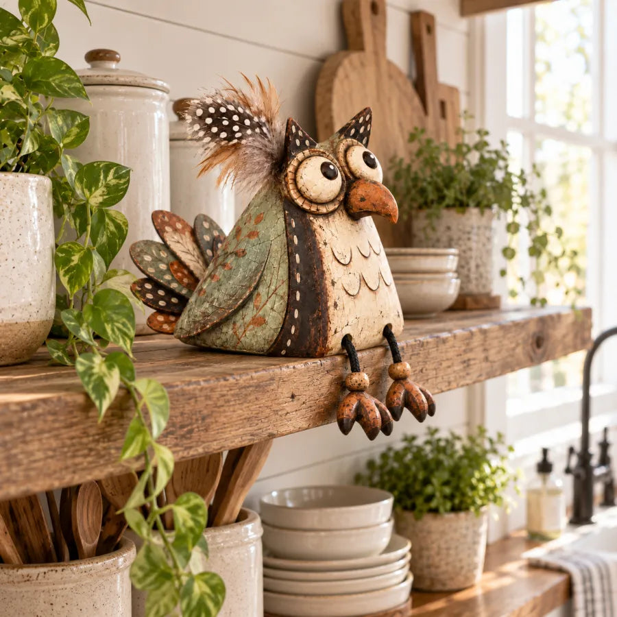 🍂 Rustic Owl Shelf Sitter Decor with Dangling Legs