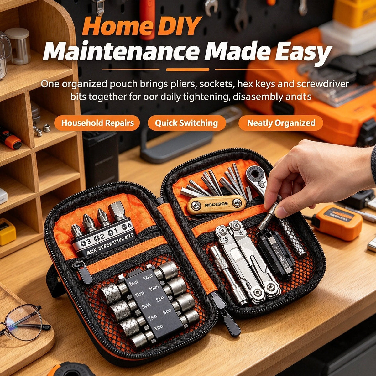 Portable EDC Repair Tool Kit, Multi-functional Hand Tool Set with Socket Wrench, Screwdriver Bits, Hex Keys & Multitool, Compact Zipper Storage Pouch