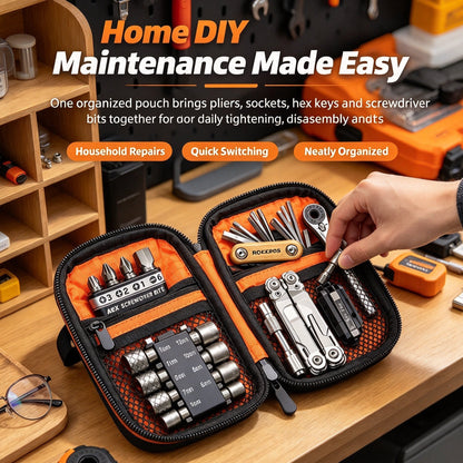 Portable EDC Repair Tool Kit, Multi-functional Hand Tool Set with Socket Wrench, Screwdriver Bits, Hex Keys & Multitool, Compact Zipper Storage Pouch