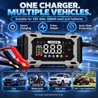 🔋 12V 6A Smart Battery Charger – Intelligent Car Battery Maintainer With LCD Display & Pulse Repair Mode