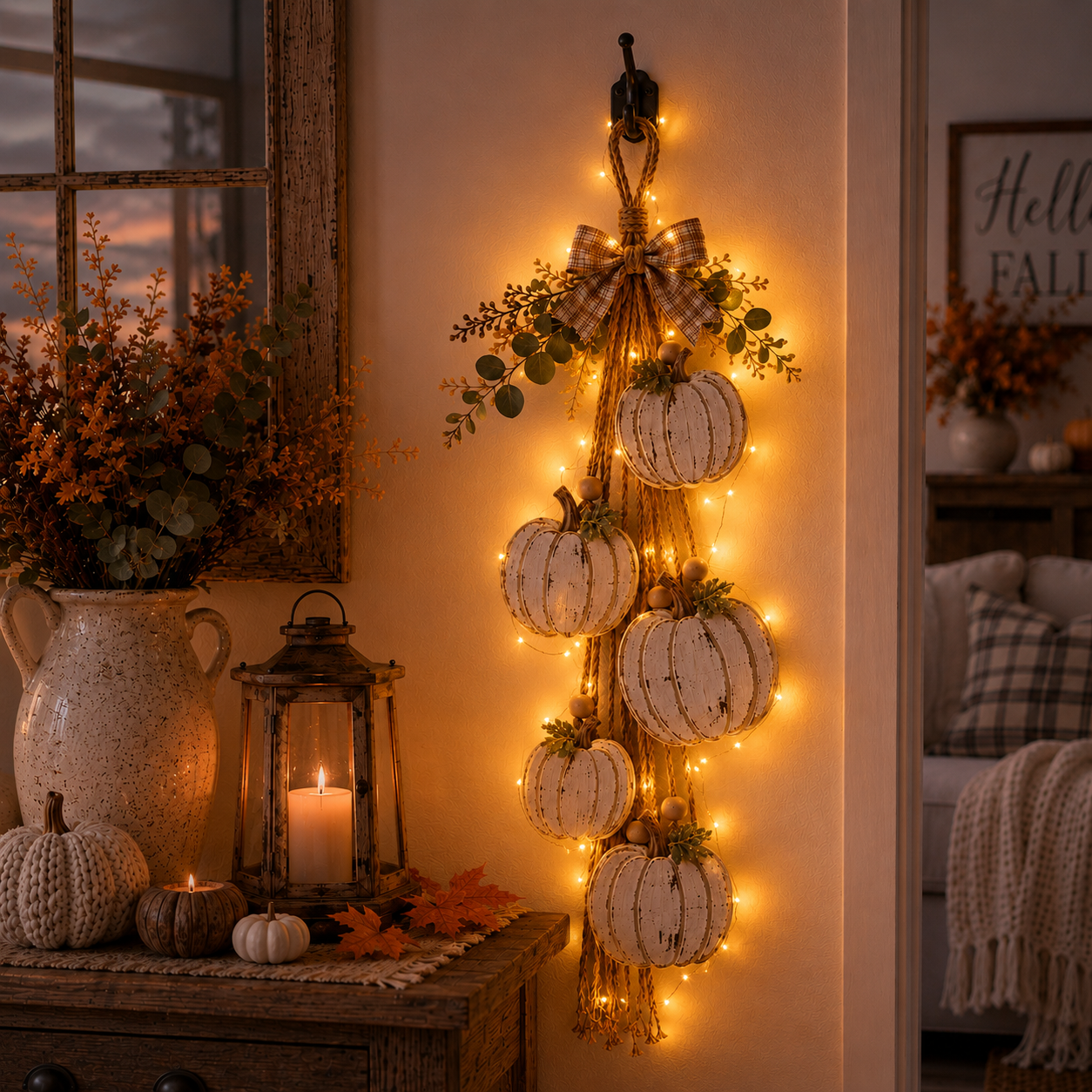 🔥BUY 2 SAVE 15% -🎃 Rustic White Pumpkin Hanging Swag – 5-Pumpkin Fall Door & Wall Decoration for Farmhouse Autumn Decor