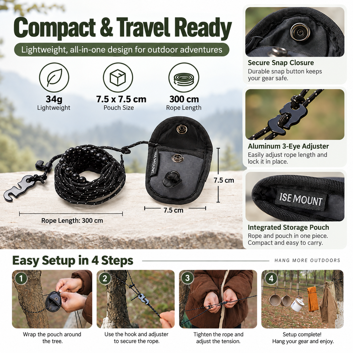 🏕️Portable Reflective Camping Clothesline with Positioning Beads – No Hangers Needed