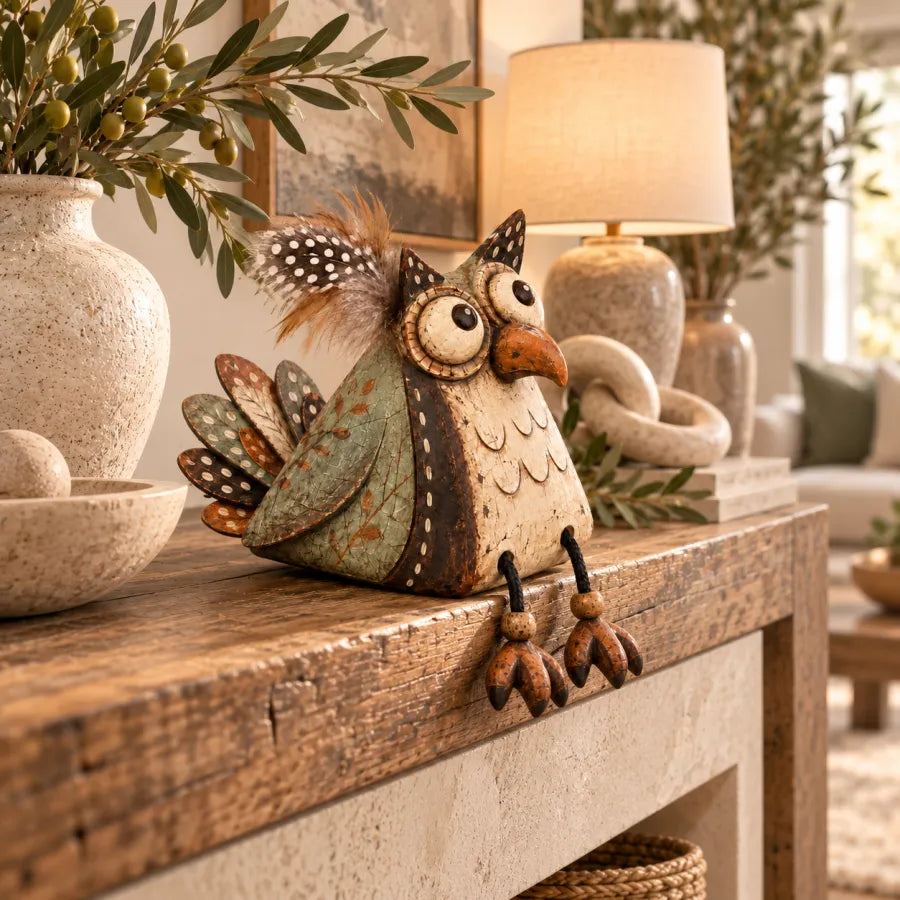 🍂 Rustic Owl Shelf Sitter Decor with Dangling Legs