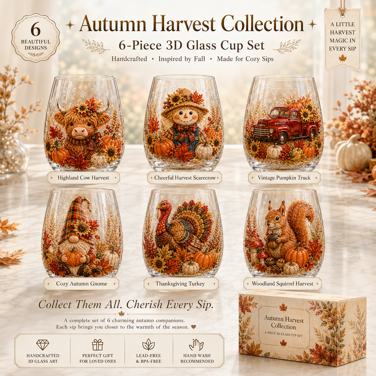 🍂Autumn Harvest 2D Glass Cup Gift Set – 6 Festive Designs