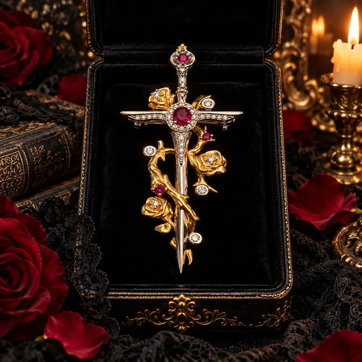 🥀 Gothic Rose & Dagger Brooch | Sculpted Golden Roses • Silver-Tone Blade • Ruby-Red Accents 🗡️