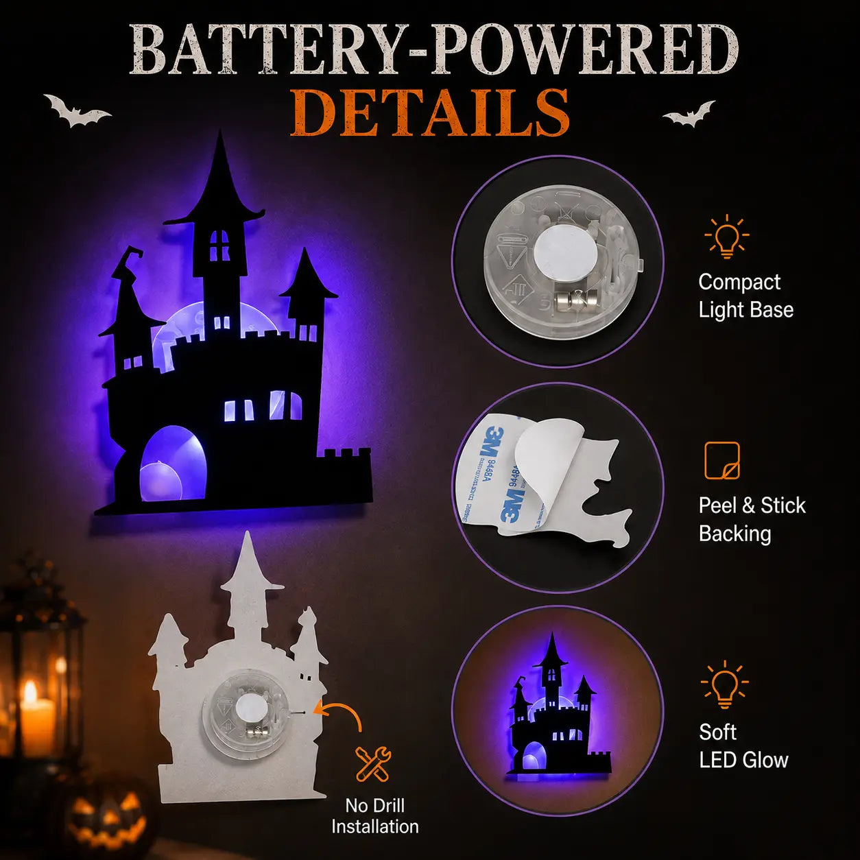 Halloween LED Wall Decor Lights, Peel & Stick Battery Powered Silhouette Stickers