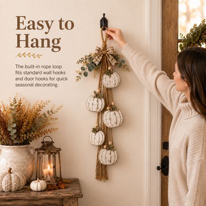 🔥BUY 2 SAVE 15% -🎃 Rustic White Pumpkin Hanging Swag – 5-Pumpkin Fall Door & Wall Decoration for Farmhouse Autumn Decor