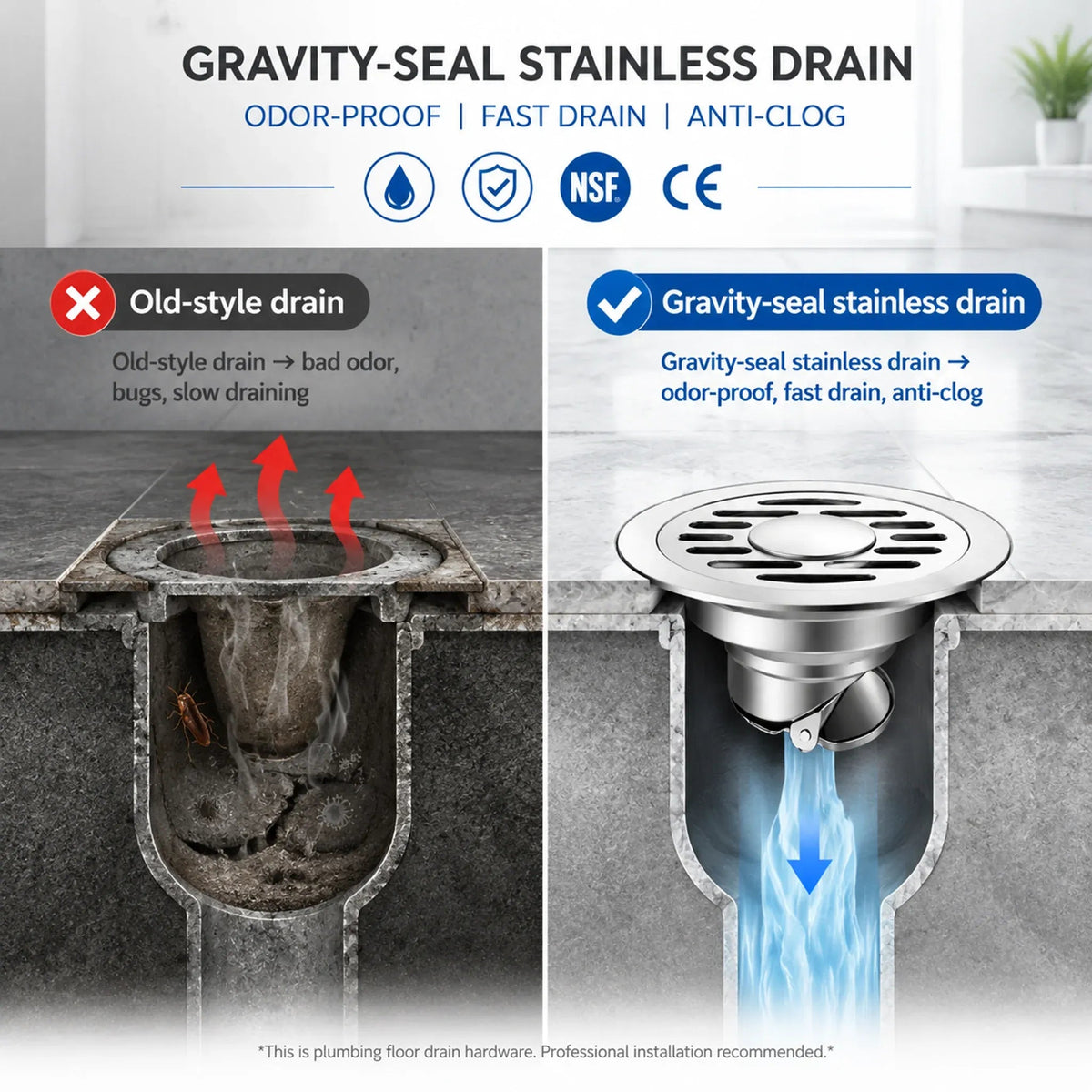 Stainless Steel Floor Drain 🚿 – 3.94' Gravity Seal with Hair Filter & Odor Control