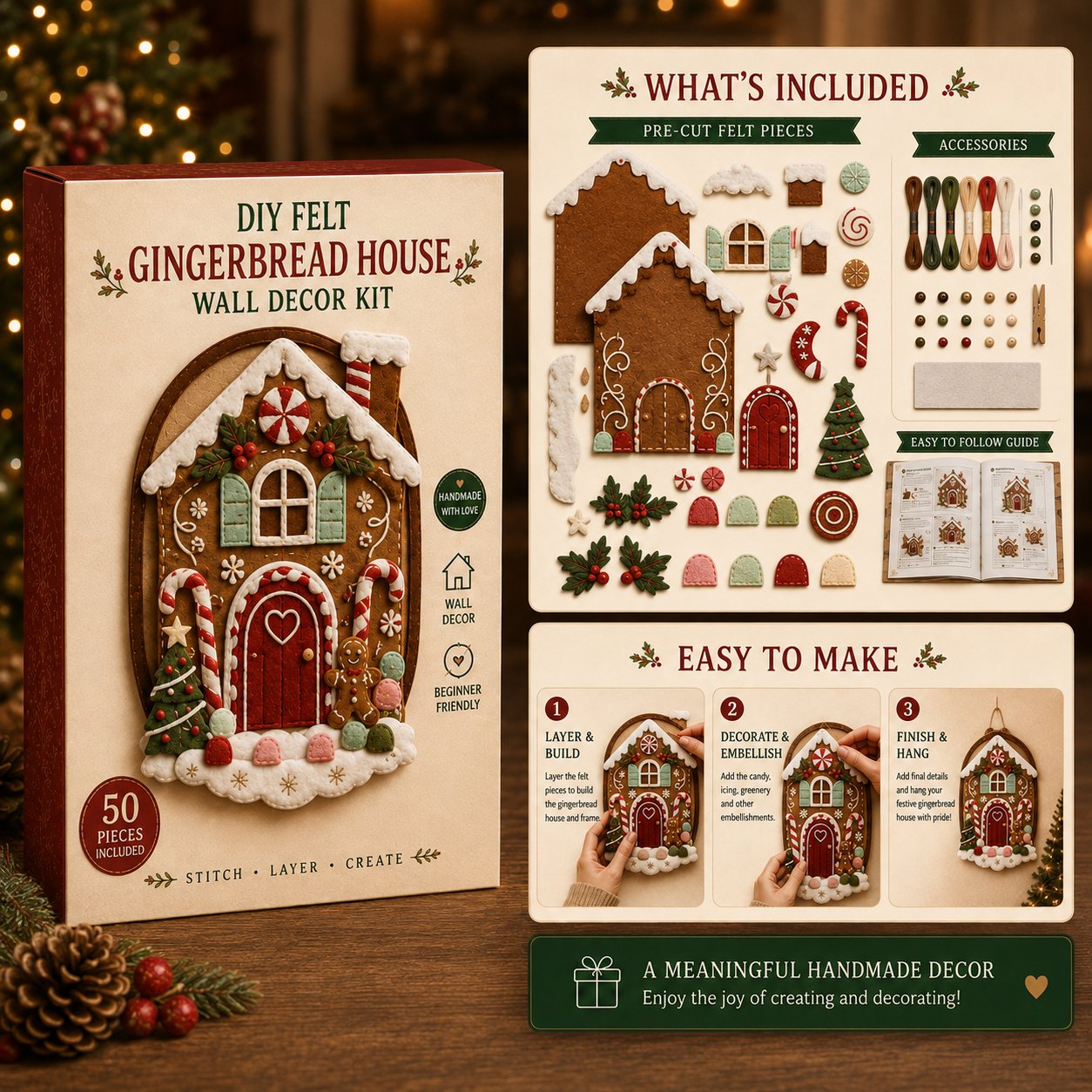 ⏳ Last Day 49% OFF – 🎅 Beginner-Friendly 52-Piece DIY Layered Felt Santa Wall Decor Kit | Complete Kit with All Tools & Step-by-Step Guide Included 💕