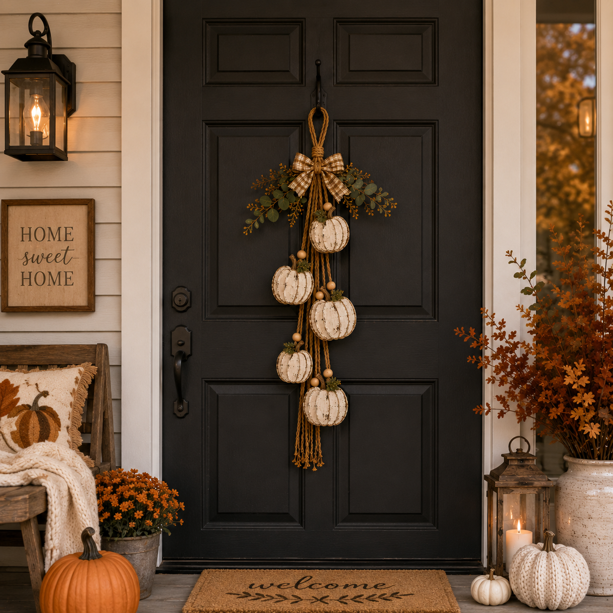 🎃 Rustic White Pumpkin Hanging Swag – 5-Pumpkin Fall Door & Wall Decoration for Farmhouse Autumn Decor