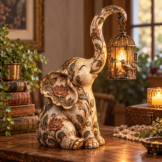 Vintage Elephant Lantern Statue – Boho Floral Elephant Decor with Warm Hanging Light