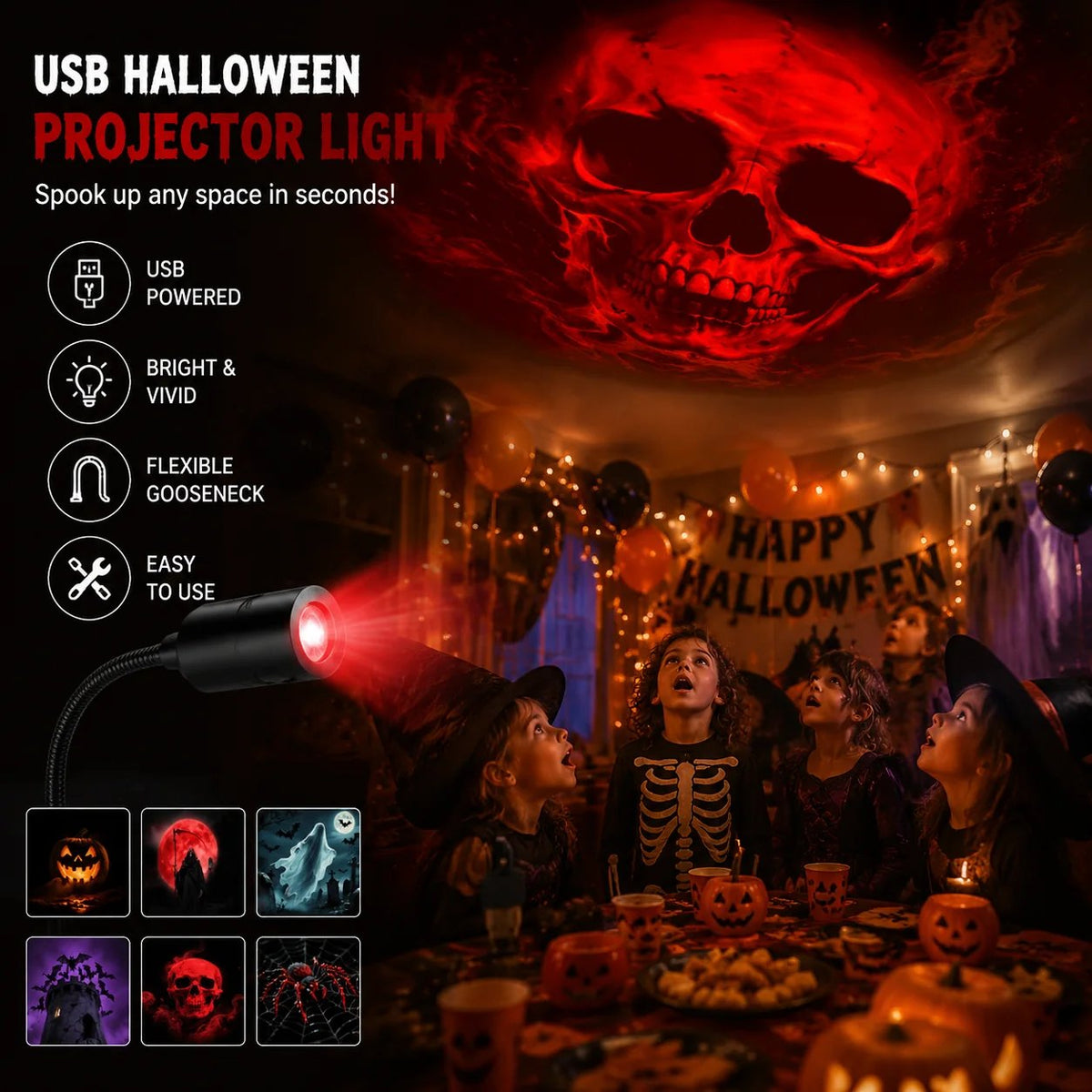 🎃 Plug-&-Play HD Halloween Projector – 6-Disc Spooky Projection Set