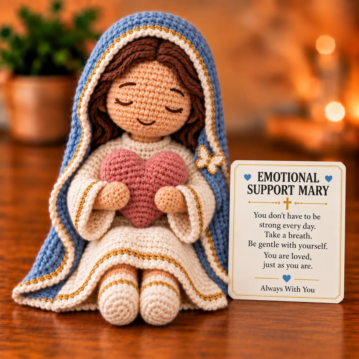 ⏳ Last Day 49% OFF –💙Always With You Mary Comfort Doll | Handmade Crochet Companion Holding A Heart with Encouragement Card ✨