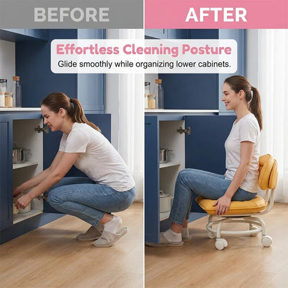 Rolling Low Stool with Backrest – Padded seat & silent casters – Perfect for workshops, garages or studios – comfortable and mobile 🛠️✨