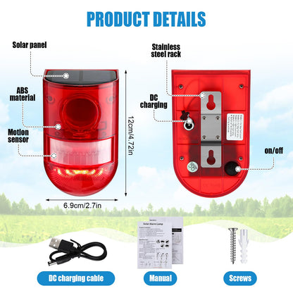 🚨 Solar Sound and Light Alarm Motion Sensor - 129dB Outdoor Security Siren, Waterproof Wall Mounted Red Light Motion Detector with 4 Modes for Home, Farm & Yard ☀️🛡️