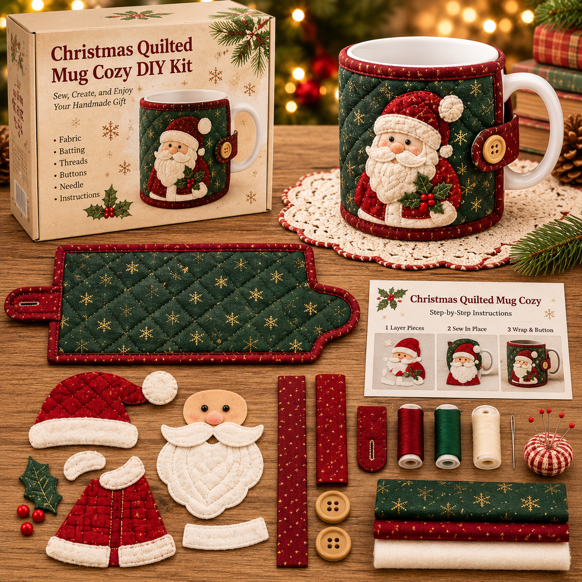 Christmas Mug Cozy Sewing Kit – 6 Festive Appliqué Designs