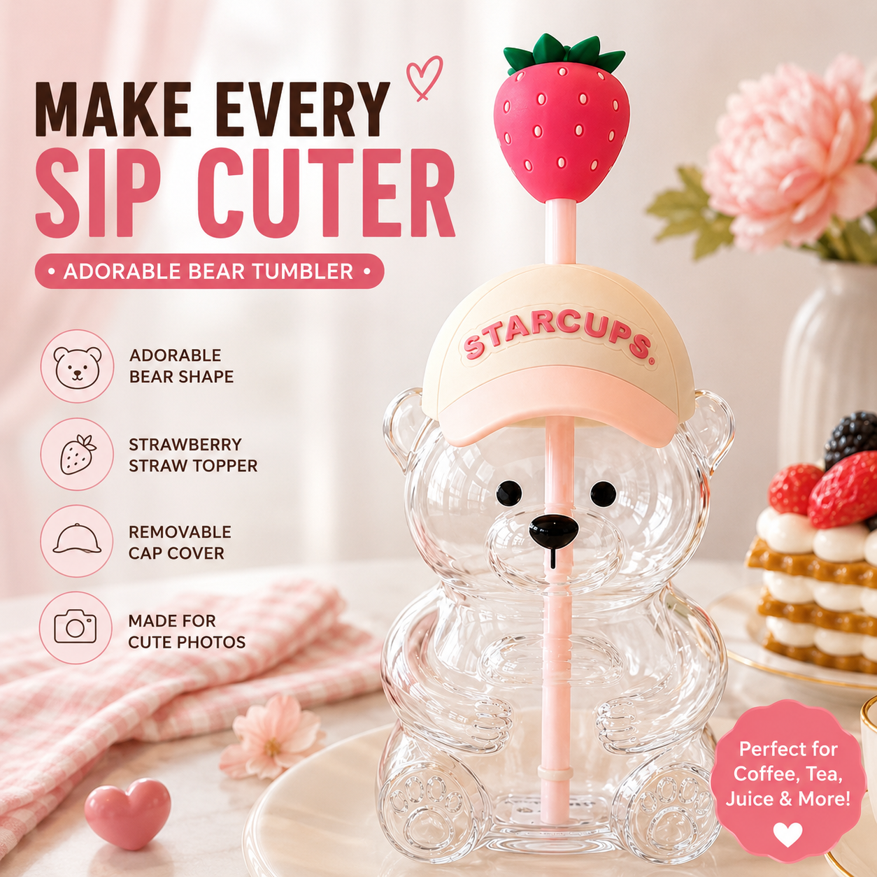✨ 20oz Aesthetic Bear Glass Tumbler with Strawberry Straw 🍓