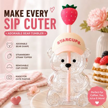 ✨ 20oz Aesthetic Bear Glass Tumbler with Strawberry Straw 🍓