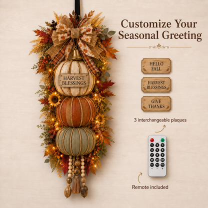 🍂🏡🎃Lighted Stacked Pumpkin Fall Door Decor with 3 Seasonal Plaques