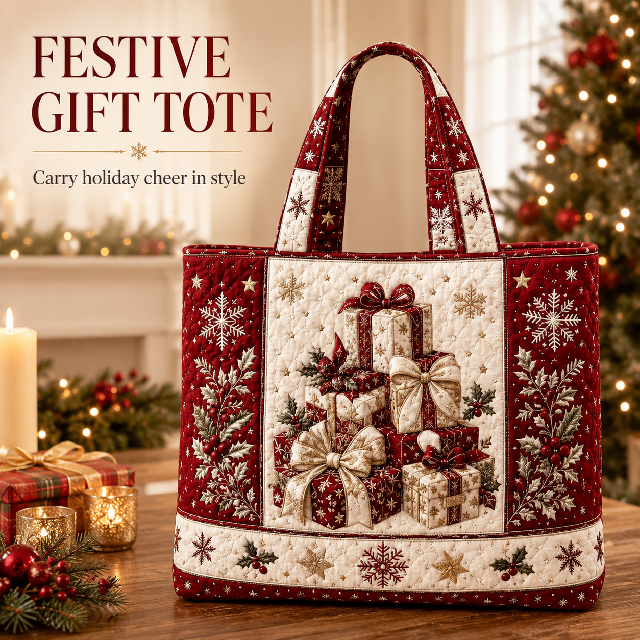 🎄 Quilted Christmas Shoulder Tote Bag – Festive Holiday Shopping Bag 🎁