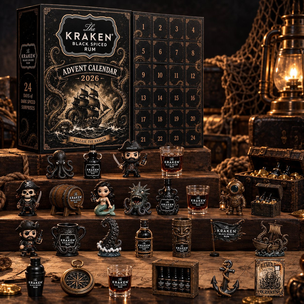 24-Day Kraken Rum Mini Bottle Advent Calendar Set for Holiday Bar Table Display, Rum Lover Collectible Gift, Christmas Countdown & Festive Decoration