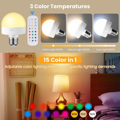 Rechargeable Light Bulbs with Remote Control, Battery Operated Light Bulb for Sconce and Lamp, 3 Color Temperature Dimmable E26 Wireless Detachable LED Charging Bulb