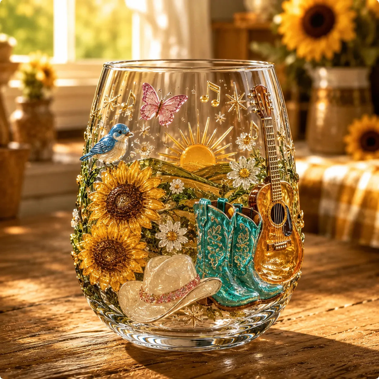 🤠 🎸 Vintage Country 3D Glass Collection – 8 Raised Western Music & Floral Designs
