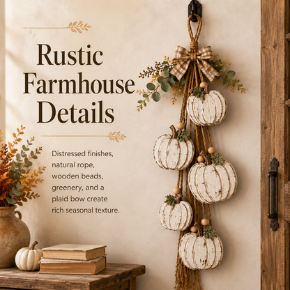 🔥BUY 2 SAVE 15% -🎃 Rustic White Pumpkin Hanging Swag – 5-Pumpkin Fall Door & Wall Decoration for Farmhouse Autumn Decor