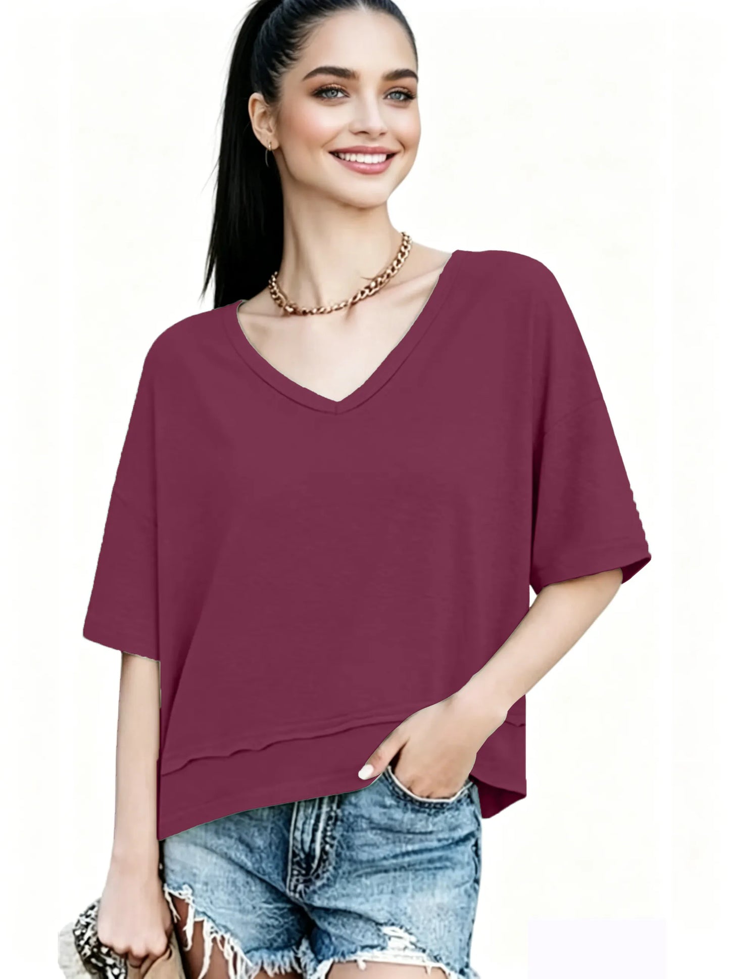 Women's V-neck Mid-length Sleeve Spliced Hem Basic Top