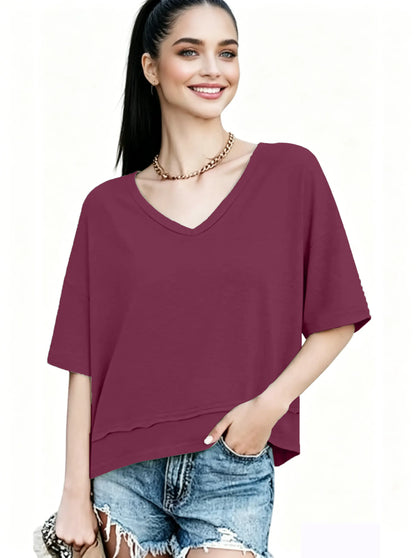 Women's V-neck Mid-length Sleeve Spliced Hem Basic Top