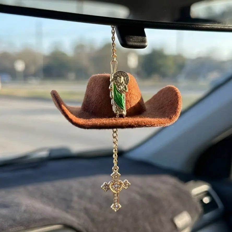 St. Jude Car Blessing Charm. Handmade Protection Gift Decoration, Black Sombrero Car Ornament Car Trinkets