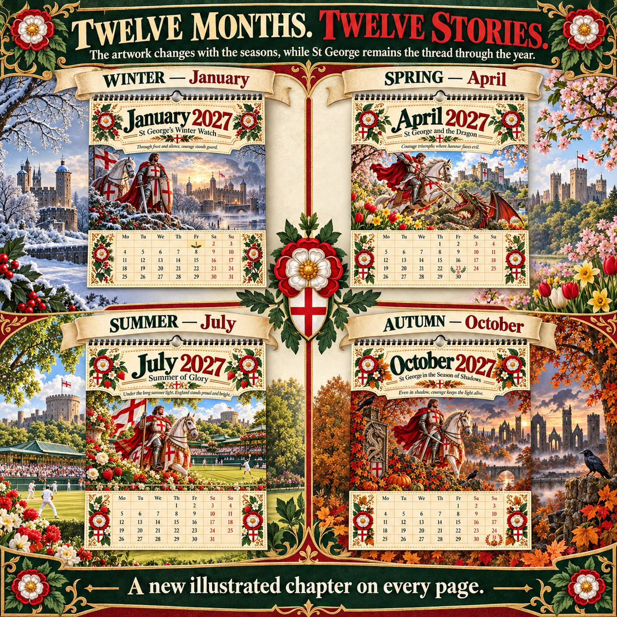 ⏳ Last Day 49% OFF – 🛡️ 2027 England St. George Wall Calendar | 12 Illustrated Monthly Scenes with Faith, Courage & Heritage 🇬🇧