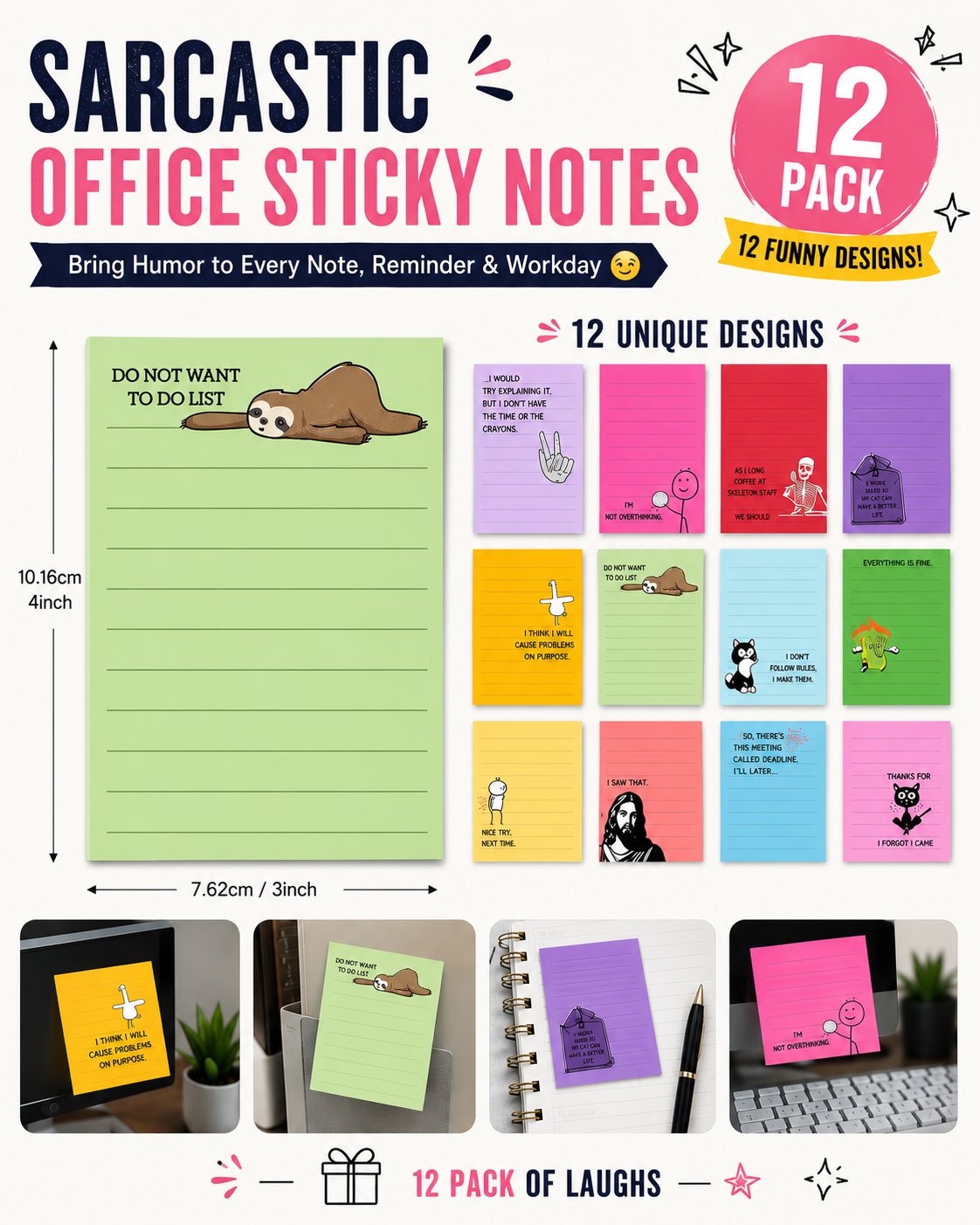 💼😂 12-Pack Sarcastic Office Sticky Notes – Funny Coworker Memo Pads & Hilarious Desk Gifts