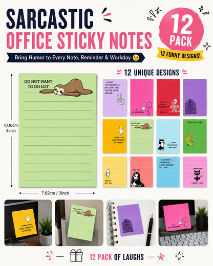 💼😂 12-Pack Sarcastic Office Sticky Notes – Funny Coworker Memo Pads & Hilarious Desk Gifts