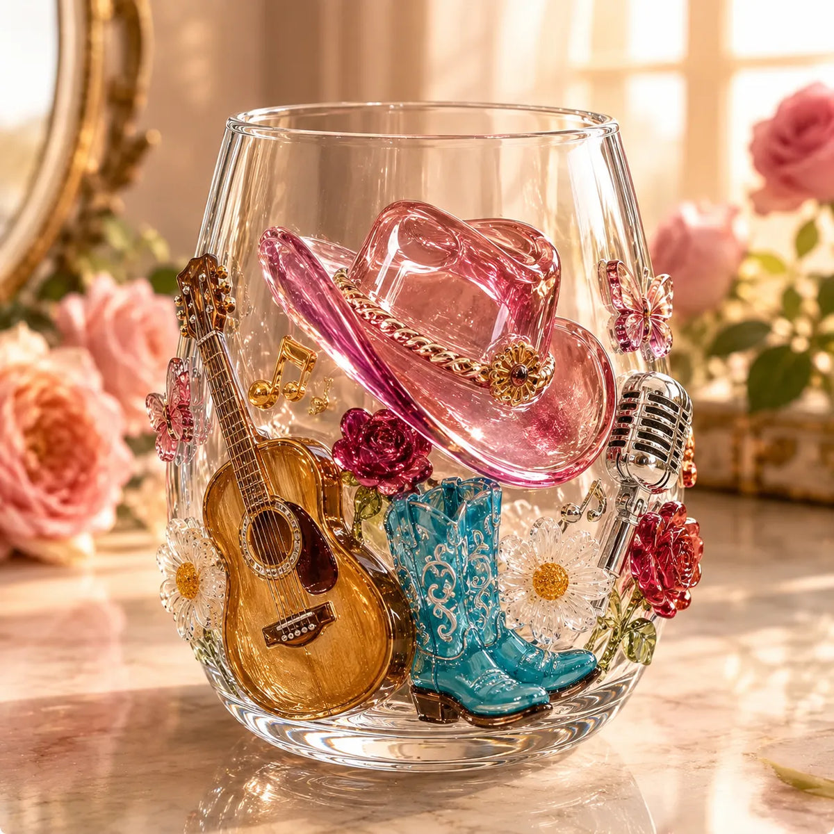 🤠 🎸 Vintage Country 3D Glass Collection – 8 Raised Western Music & Floral Designs
