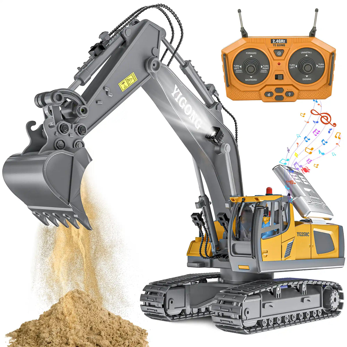 Akeleo 2.4GHz remote control excavator toy for kids with lights, sound, digging arm, and realistic sandbox construction play.