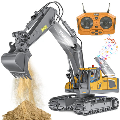 Akeleo 2.4GHz remote control excavator toy for kids with lights, sound, digging arm, and realistic sandbox construction play.