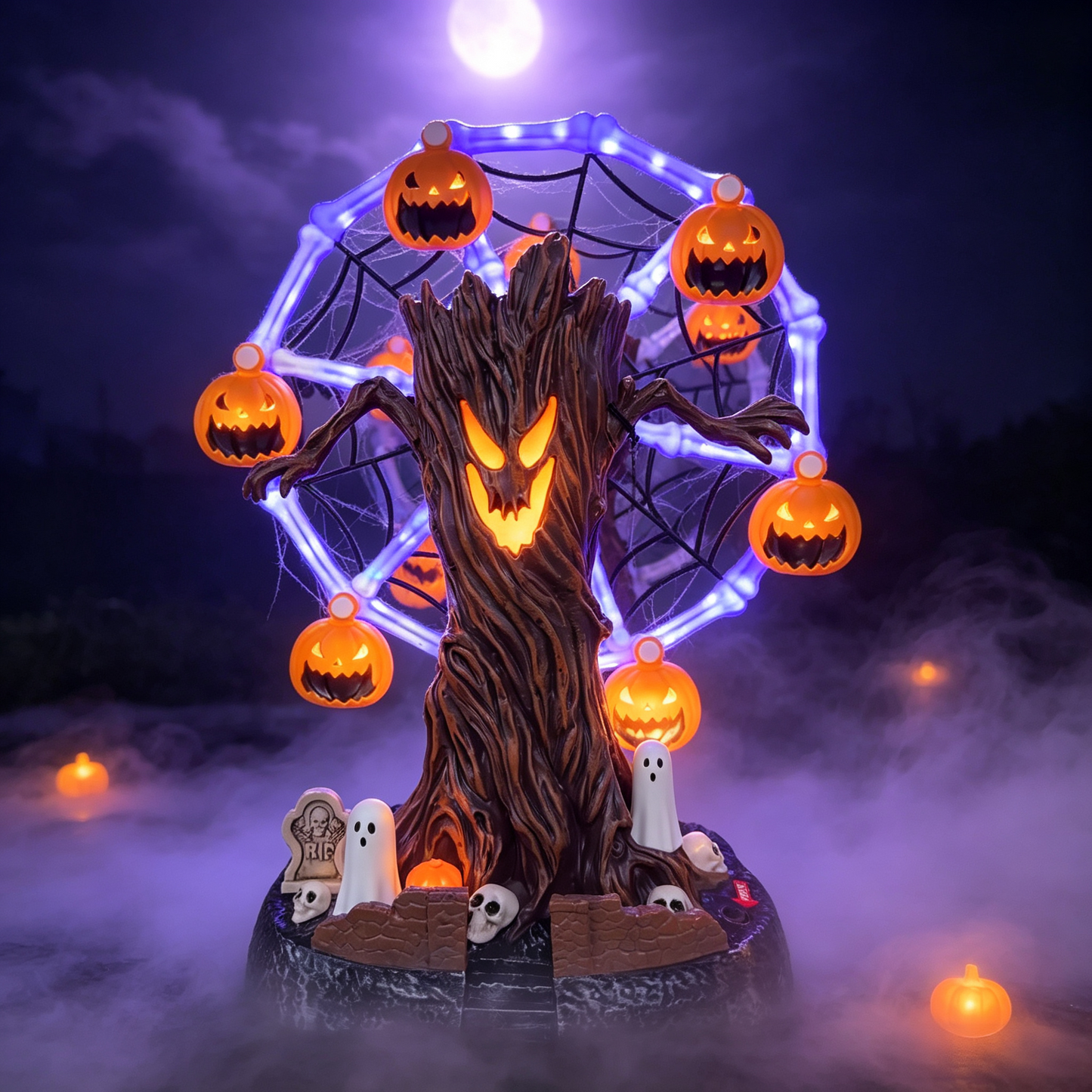 👻🎡 Animated Halloween Ghost Tree Ferris Wheel Table Decor with LED Lights – Spooky Pumpkin Carousel Display