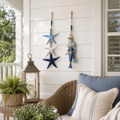 🐟🌊Lighted Coastal Wooden Starfish & Fish Hanging Decor
