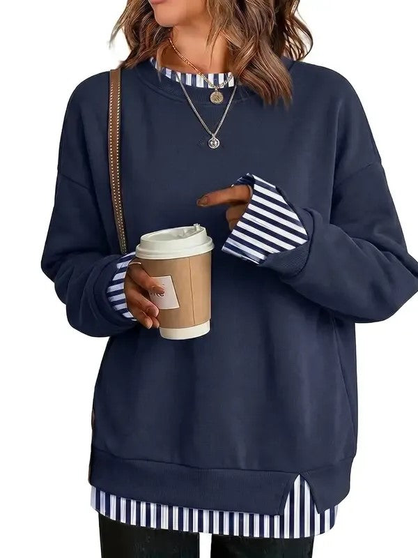 Women's Fake Two Piece Layered Sweatshirt Patchwork Oversized Pullover Top