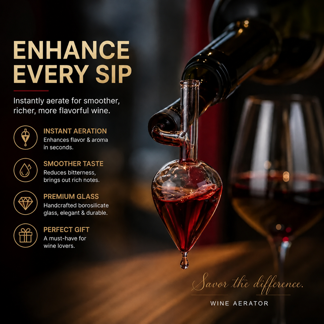 Glass Wine Aerator Pourer – Handcrafted Instant Wine Decanter Spout for Red Wine Bottles