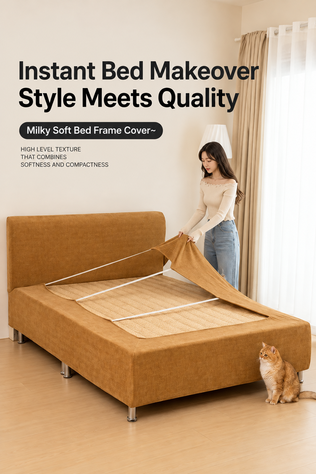 Installing a removable stretch-fit bed frame cover for an instant bedroom makeover